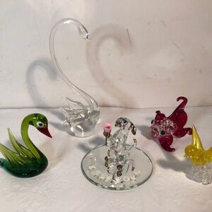Set of 5 blown glass animals Various Swan, dog Etc.